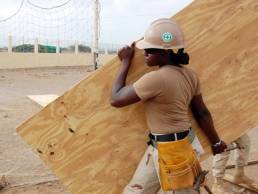 female apprentice construction worker carrying plank of wood featured
