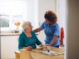 Care worker giving an old lady her dinner in her home