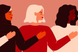 Four young strong women or girls standing together. Group of friends or feminist activists support each other. Feminism concept, girl power poster