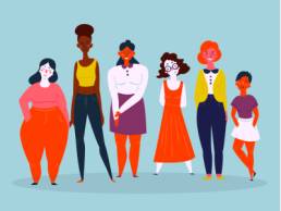 Diverse international and interracial group of standing women, international day of the girl, helen pankhurst