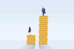 inequality, man and woman standing on coins, gender pay gap featured