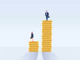 inequality, man and woman standing on coins, gender pay gap featured