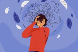 Frustrated woman with nervous problem feel anxiety and confusion of thoughts vector flat illustration. Mental disorder and chaos in consciousness. Girl with anxiety touch head surrounded by think