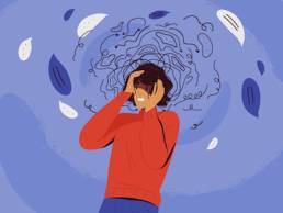 Frustrated woman with nervous problem feel anxiety and confusion of thoughts vector flat illustration. Mental disorder and chaos in consciousness. Girl with anxiety touch head surrounded by think