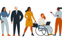 The diverse group of people, entrepreneurs, or office workers isolated on white background. Multinational company. Old and young men and women standing together. Flat cartoon vector illustration.