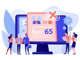 HR agency age discrimination. Job candidate CV, personal profile. Ageism social problem, stop ageism, elderly employment difficulties concept. Pinkish coral bluevector isolated illustration