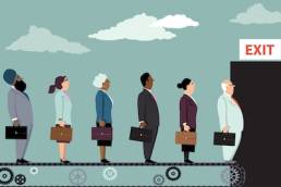 Employees on a conveyor belt leaving their jobs as a metaphor for great resignation