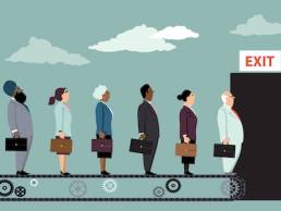 Employees on a conveyor belt leaving their jobs as a metaphor for great resignation