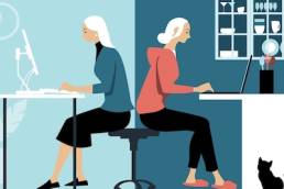 Woman in hybrid work place sharing her time between an office and working from home remotely, flexible working