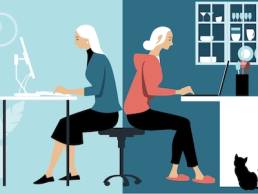 Woman in hybrid work place sharing her time between an office and working from home remotely, flexible working