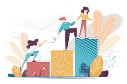 Flat young woman and man helping and growing together. Concept businessman and businesswoman characters relationship, extending a helping hand to colleague. Vector illustration.