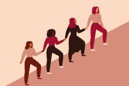Women can do it. Four female characters walk up together and hold arms. Girls support each other. Friendship poster, the union of feminists and sisterhood. Vector illustration