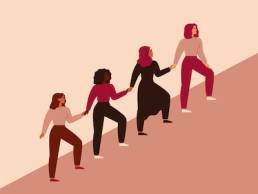 Women can do it. Four female characters walk up together and hold arms. Girls support each other. Friendship poster, the union of feminists and sisterhood. Vector illustration