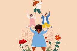 Female networking and support group. Flat style illustration of a woman balancing other females on her shoulders on beige background