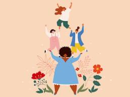 Female networking and support group. Flat style illustration of a woman balancing other females on her shoulders on beige background