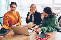 Successful young female entrepreneurs creating new working schedule and collaborating on developing design company during briefing sitting at meeting table with modern laptop device in stylish office