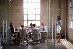 Businesswoman presenting to colleagues at boardroom meeting, women on board, c-suite