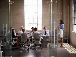 Businesswoman presenting to colleagues at boardroom meeting, women on board, c-suite