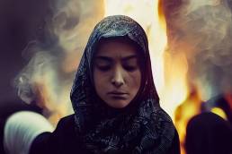 Woman in Iran with flames behind her
