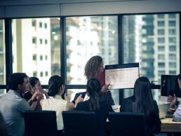 Businesswoman presenting during meeting, woman in financial services
