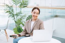 Businesswoman working remotely, resigning from job